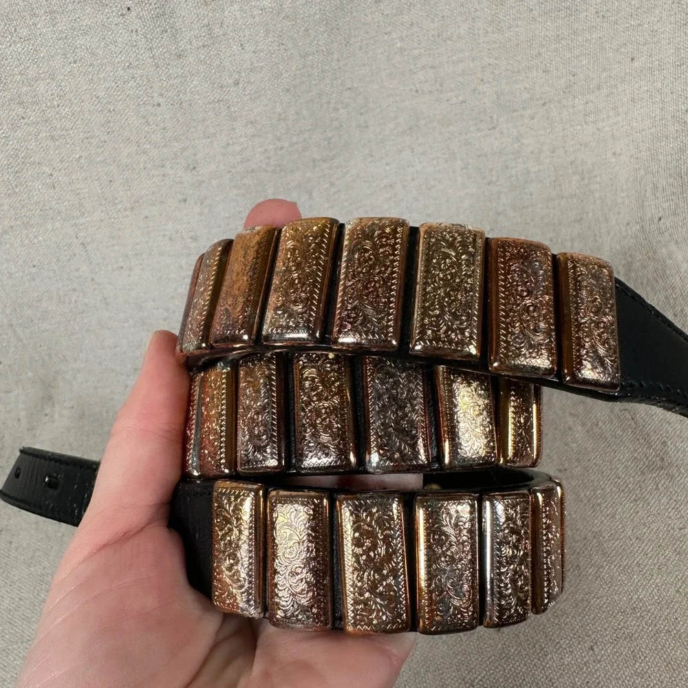 Nocona Belt Co Mens Black‎ Leather Western Belt Silver Copper Ornate Plates 34